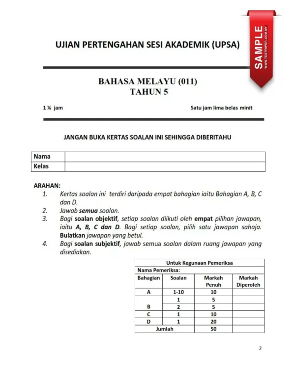 Kertas Ujian Pertengahan Tahun BM SJK Tahun 5 20242025 UPSA yang Best