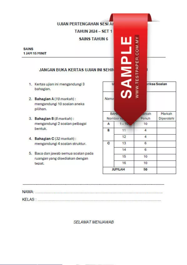 Kertas Ujian Pertengahan Tahun Sains Tahun 6 20242025 UPSA yang Awesome