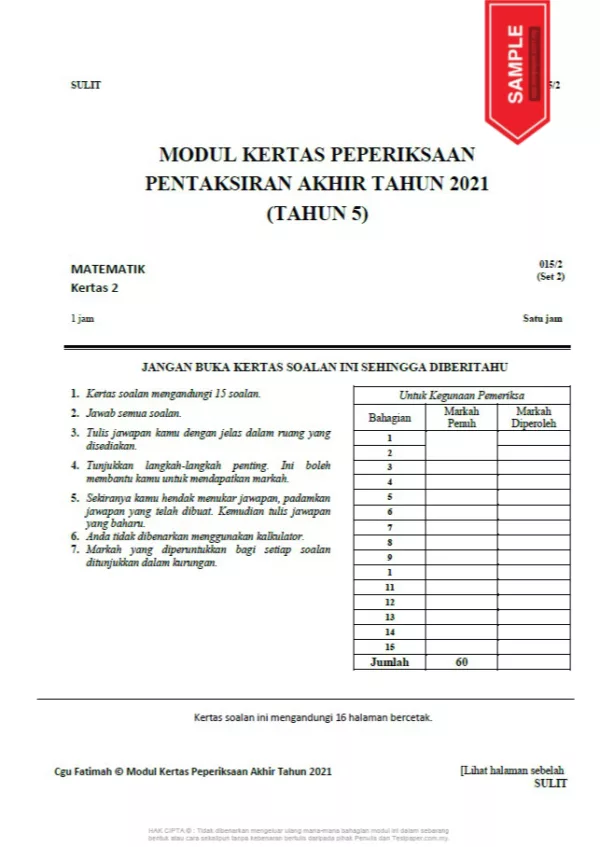 Ujian Peperiksaan Akhir Tahun Tahun 5 2021