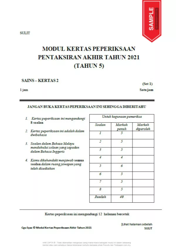 Ujian Peperiksaan Akhir Tahun Tahun 5 2021