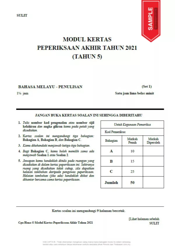 Ujian Peperiksaan Akhir Tahun Tahun 5 2021