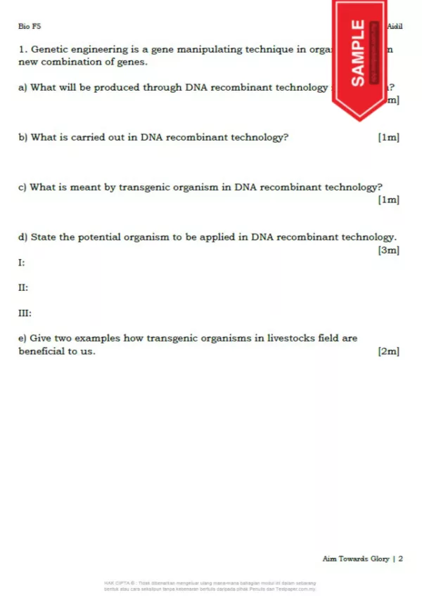 Soalan Latihan Biologi Tingkatan 5 Bab 11-13 DLP