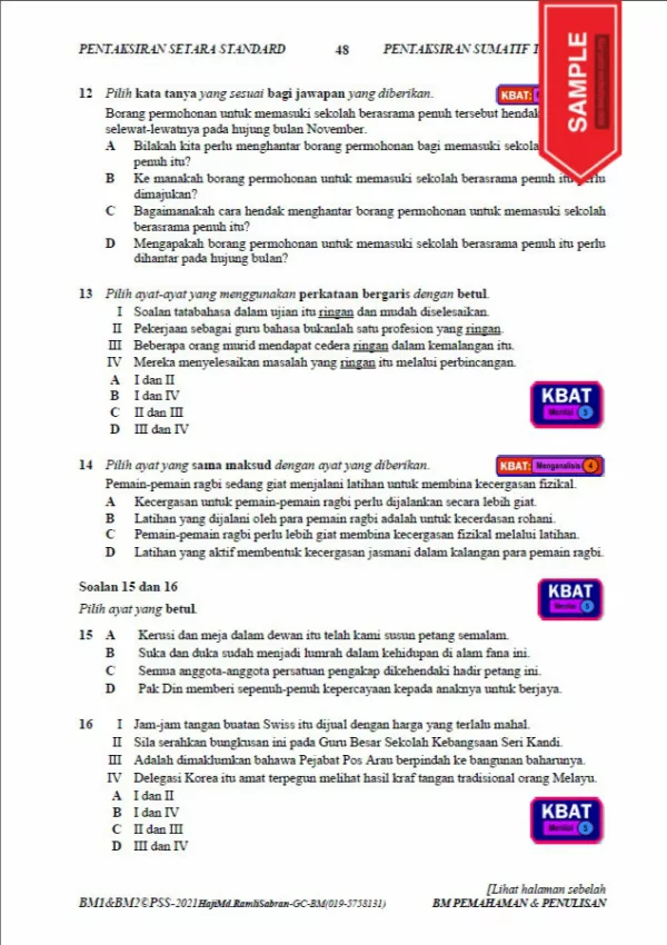 Soalan Latihan Bahasa Melayu PSS Tahun 4-6