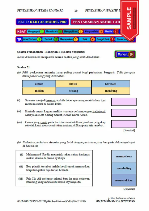 Soalan Latihan Bahasa Melayu PSS Tahun 4-6