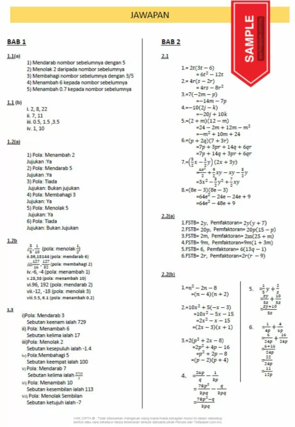 Soalan Latihan Matematik 13 Bab Tingkatan 2 KSSM