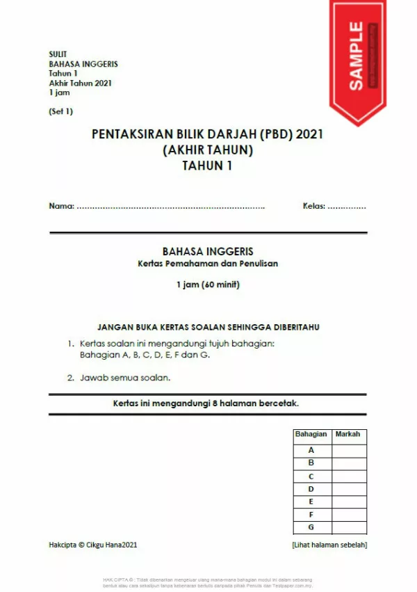 Soalan Latihan PBD Akhir Tahun BI Tahap 1