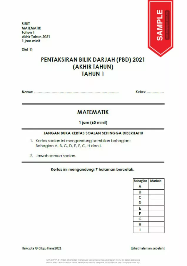 Soalan Latihan PBD Akhir Tahun Matematik Tahap 1