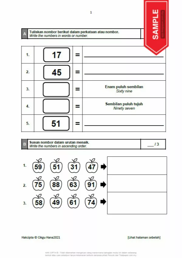 Soalan Latihan PBD Akhir Tahun Matematik Tahap 1