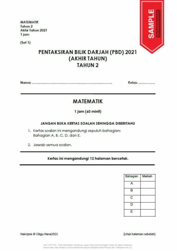 Soalan Latihan PBD Akhir Tahun Matematik Tahap 1