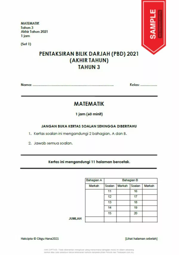 Soalan Latihan PBD Akhir Tahun Matematik Tahap 1