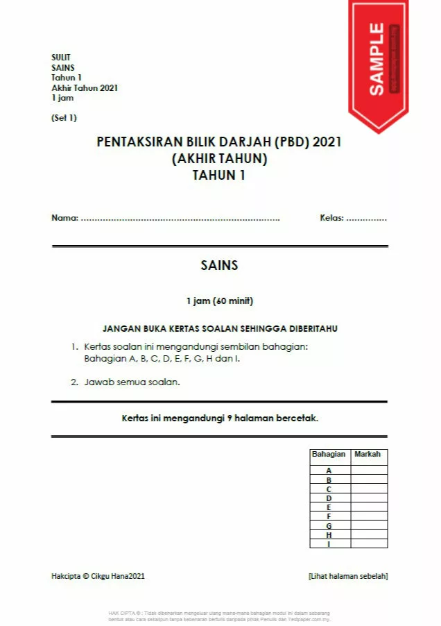 Soalan Latihan PBD Akhir Tahun Sains Tahap 1