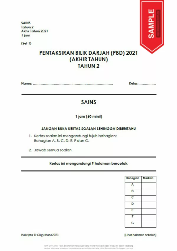 Soalan Latihan PBD Akhir Tahun Sains Tahap 1