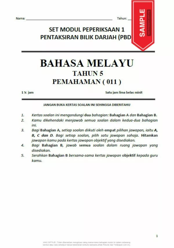 Soalan Ujian PBD BM Tahun 5