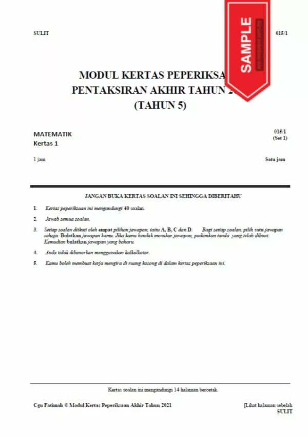 Soalan Ujian Akhir Tahun Matematik Tahap 2 2021