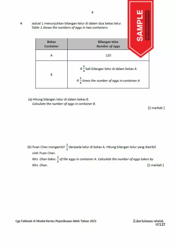 Soalan Ujian Akhir Tahun Matematik Tahap 2 2021