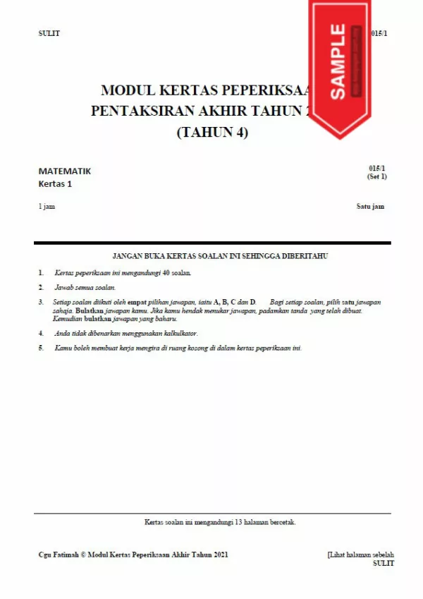 Soalan Ujian Akhir Tahun Matematik Tahap 2 2021