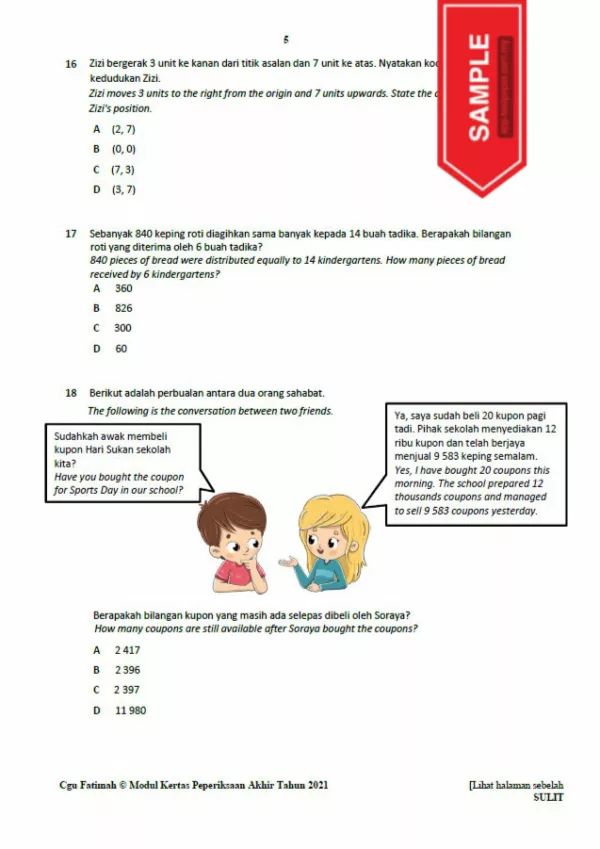 Soalan Ujian Akhir Tahun Matematik Tahap 2 2021