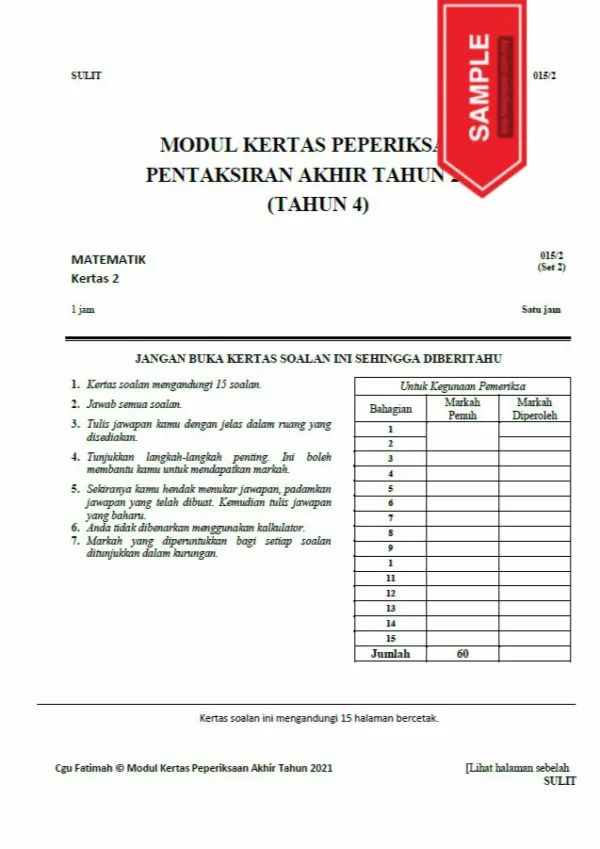 Soalan Ujian Akhir Tahun Matematik Tahap 2 2021