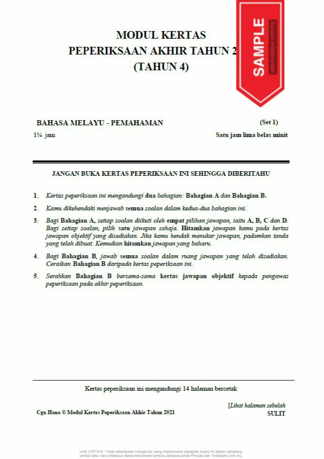 Soalan Ujian Akhir Tahun BM Tahap 2 2021