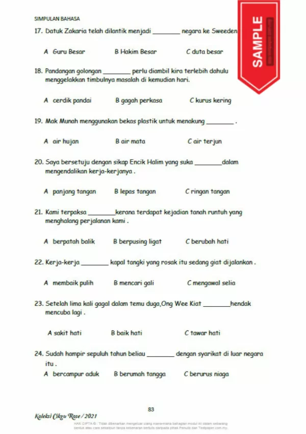 Download Soalan Latihan Simpulan Bahasa BM Tahap 1 yang Quality