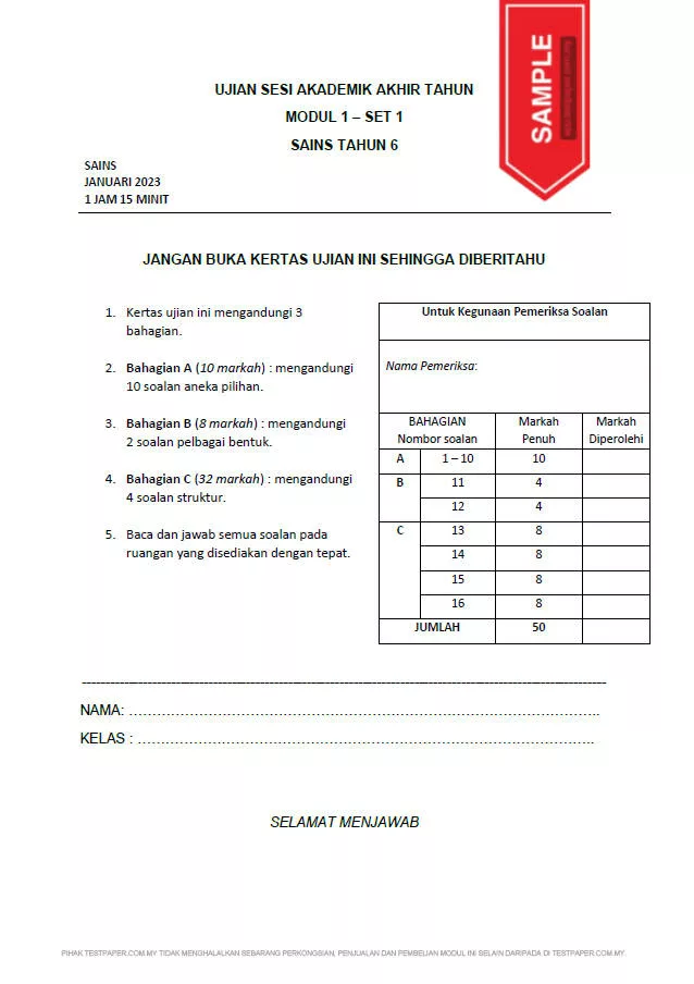 Soalan Ujian Akhir Tahun Sains Tahun 6 UASA