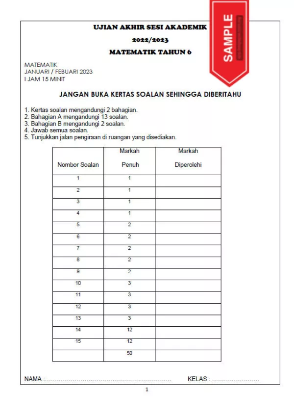 Soalan Ujian Akhir Tahun Matematik Tahun 6 UASA