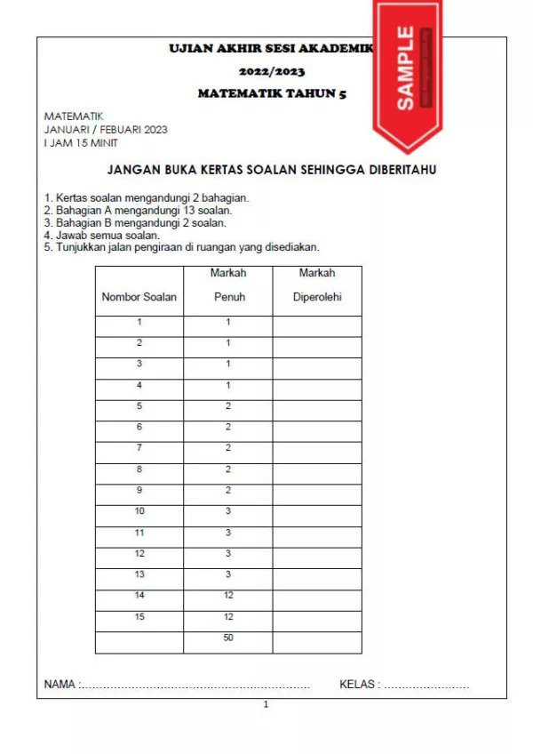 Soalan Ujian Akhir Tahun Matematik Tahun 5 UASA