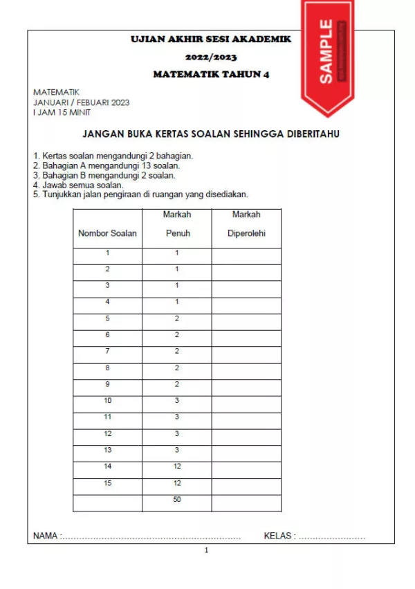 Soalan Ujian Akhir Tahun Matematik Tahun 4 DLP UASA