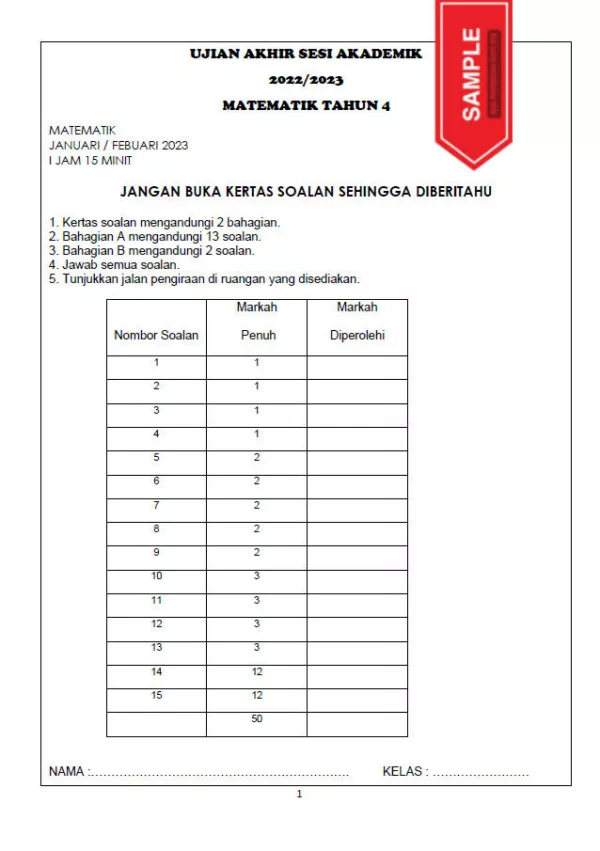 Soalan Ujian Akhir Tahun Matematik Tahun 4 DLP UASA