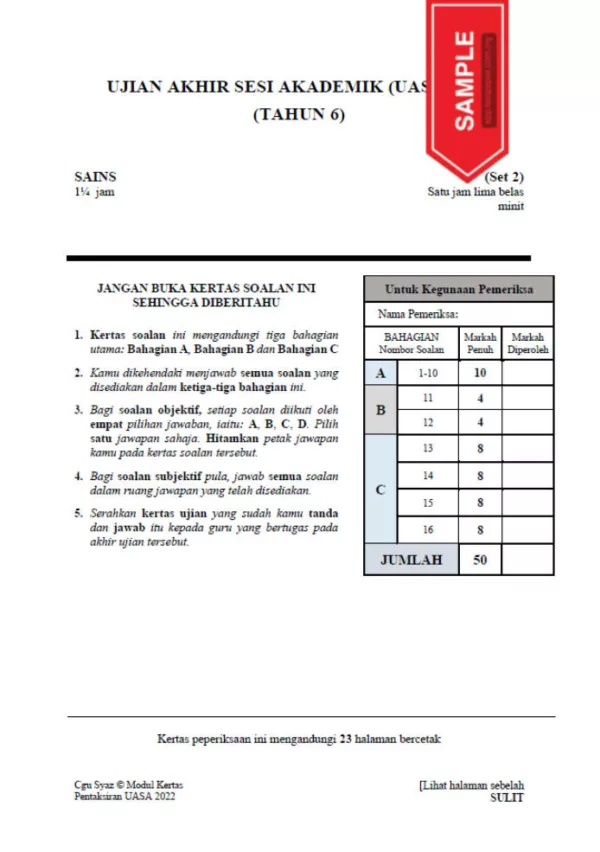 Soalan Ujian Akhir Tahun UASA Tahun 6 2022-2023