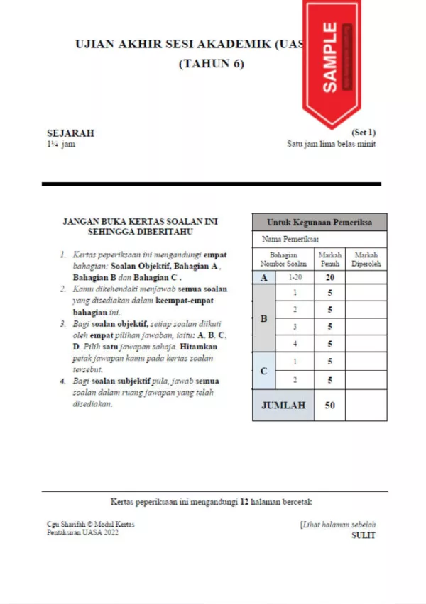 Soalan Ujian Akhir Tahun UASA Tahun 6 2022-2023