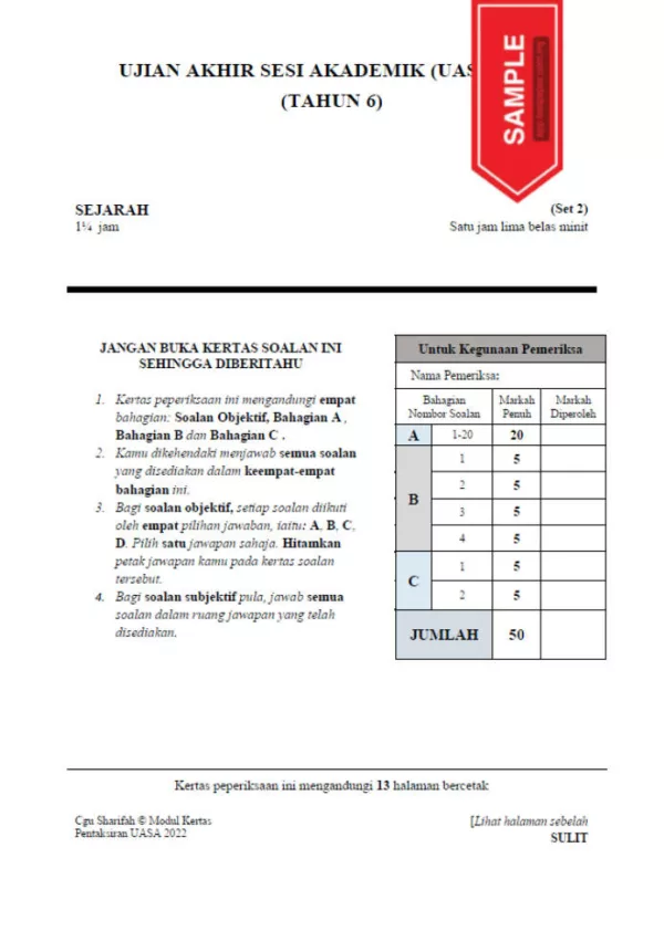 Soalan Ujian Akhir Tahun UASA Tahun 6 2022-2023