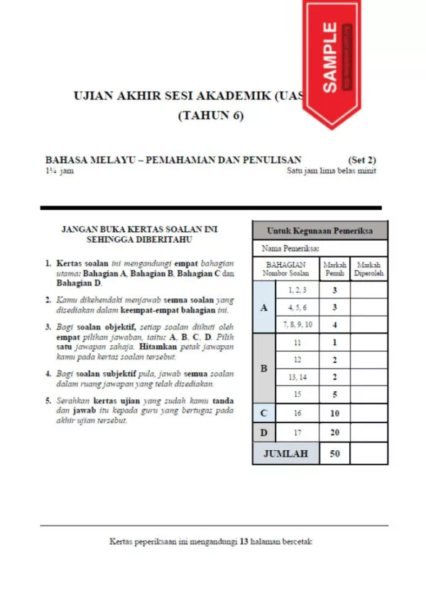 Soalan Ujian Akhir Tahun UASA Tahun 6 2022-2023