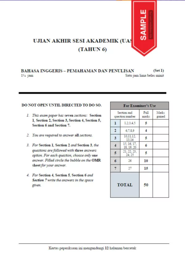 Soalan Ujian Akhir Tahun UASA Tahun 6 2022-2023