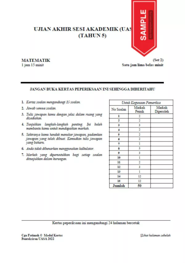 Soalan Ujian Akhir Tahun UASA Tahun 5 2022-2023