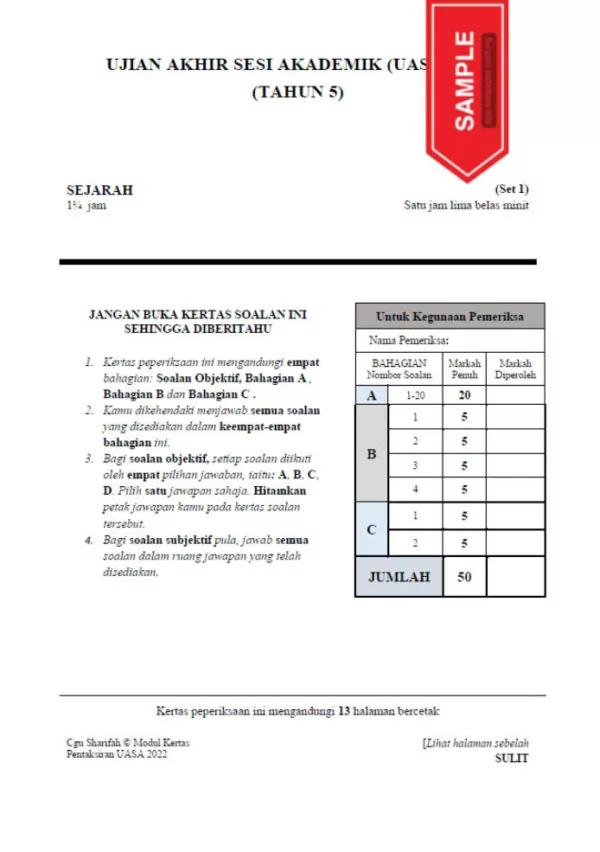 Soalan Ujian Akhir Tahun UASA Tahun 5 2022-2023