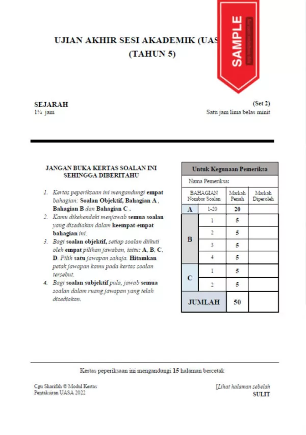 Soalan Ujian Akhir Tahun UASA Tahun 5 2022-2023