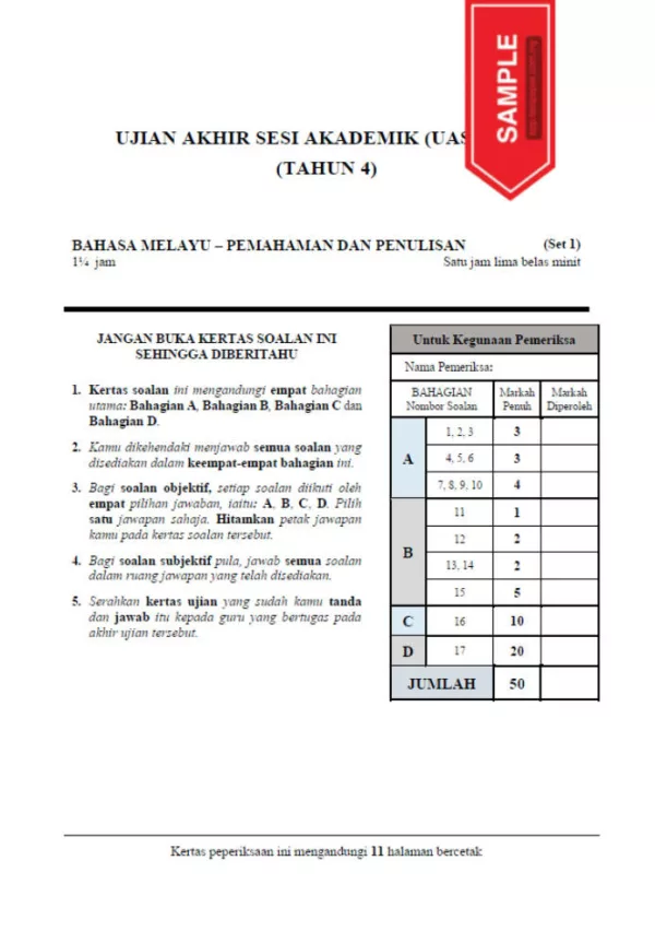 Soalan Ujian Akhir Tahun UASA Tahun 4 2022-2023