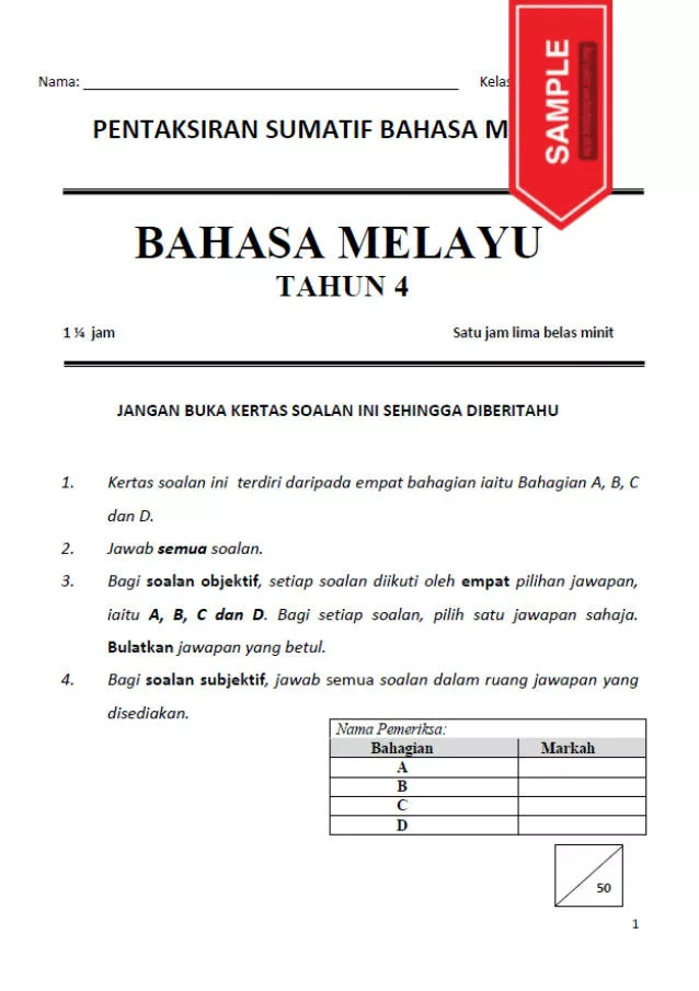 Soalan Ujian Akhir Tahun Bahasa Melayu Tahun 4 UASA