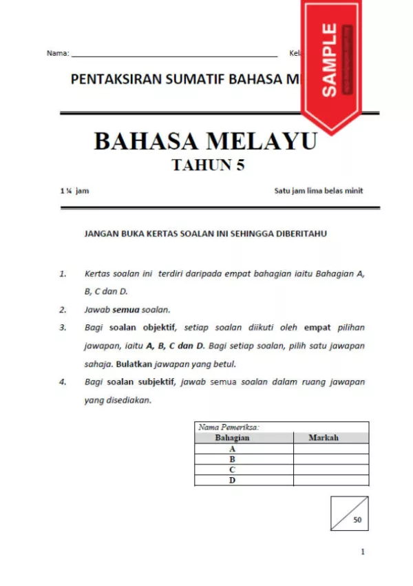 Soalan Ujian Akhir Tahun Bahasa Melayu Tahun 5 UASA