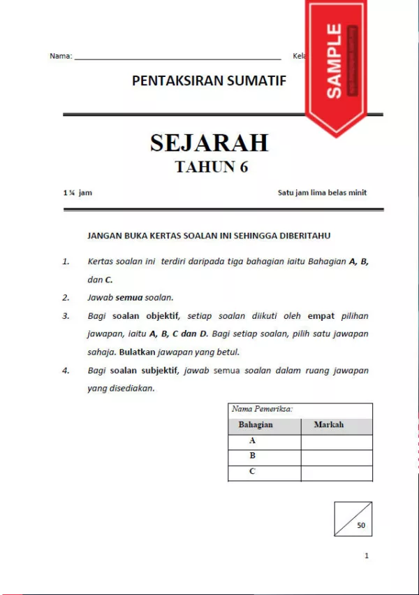 Soalan Ujian Akhir Tahun Sejarah Tahun 6 UASA