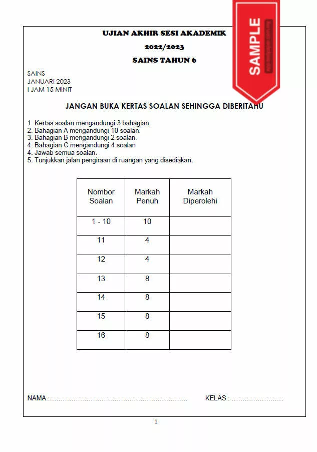 Soalan Ujian Akhir Tahun Sains Tahun 6 UASA 2023