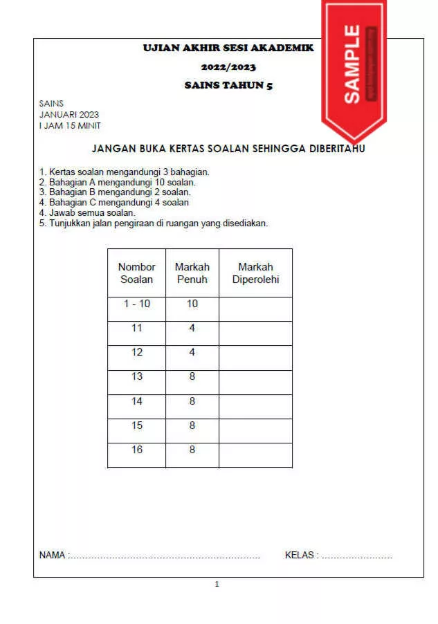 Soalan Ujian Akhir Tahun Sains Tahun 5 UASA 2023 DLP