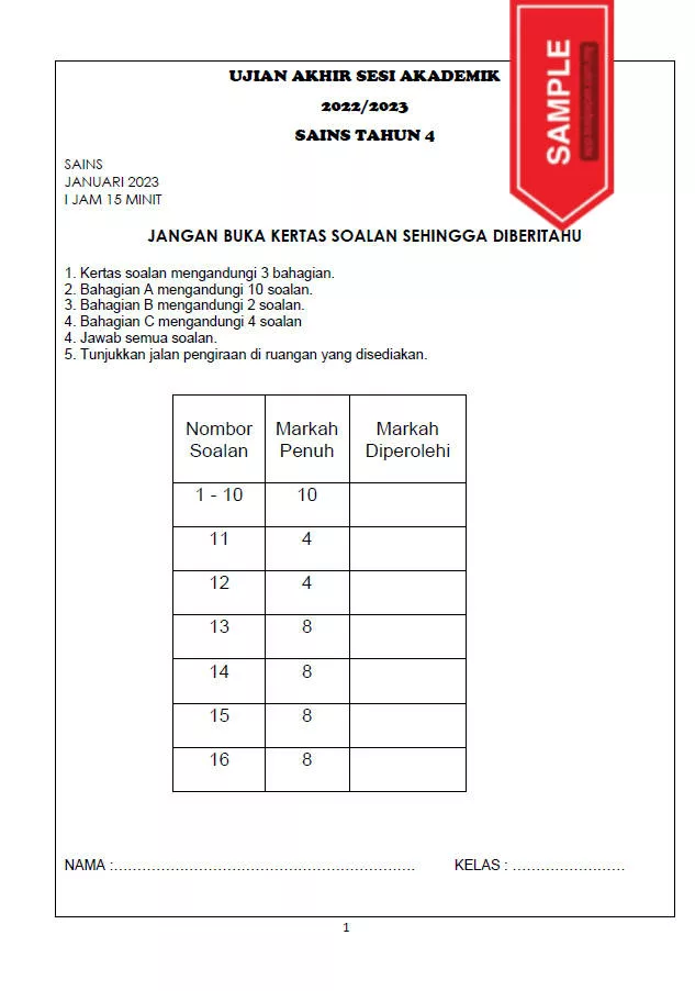 Soalan Ujian Akhir Tahun Sains Tahun 4 UASA 2023 DLP