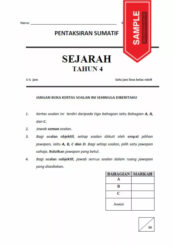 Soalan Ujian Akhir Tahun Sejarah Tahun 4 UASA 2023