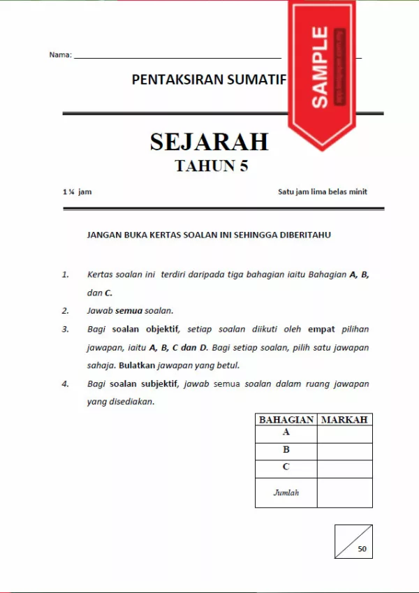 Soalan Ujian Akhir Tahun Sejarah Tahun 5 UASA 2023