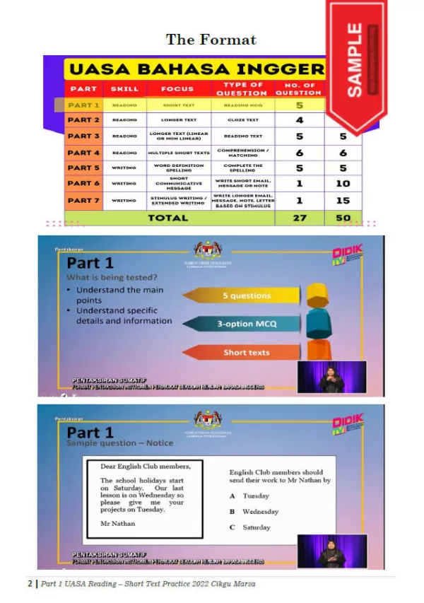 Soalan Latihan BI UASA Reading Bahagian 1 Tahap 2