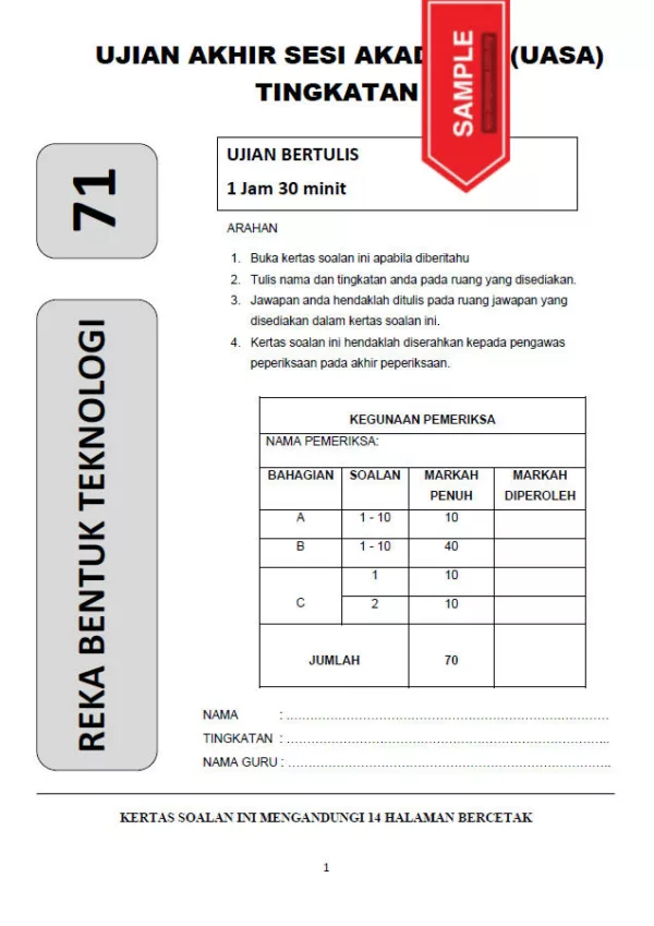 Soalan Ujian Akhir Tahun RBT Tingkatan 1 2023 UASA