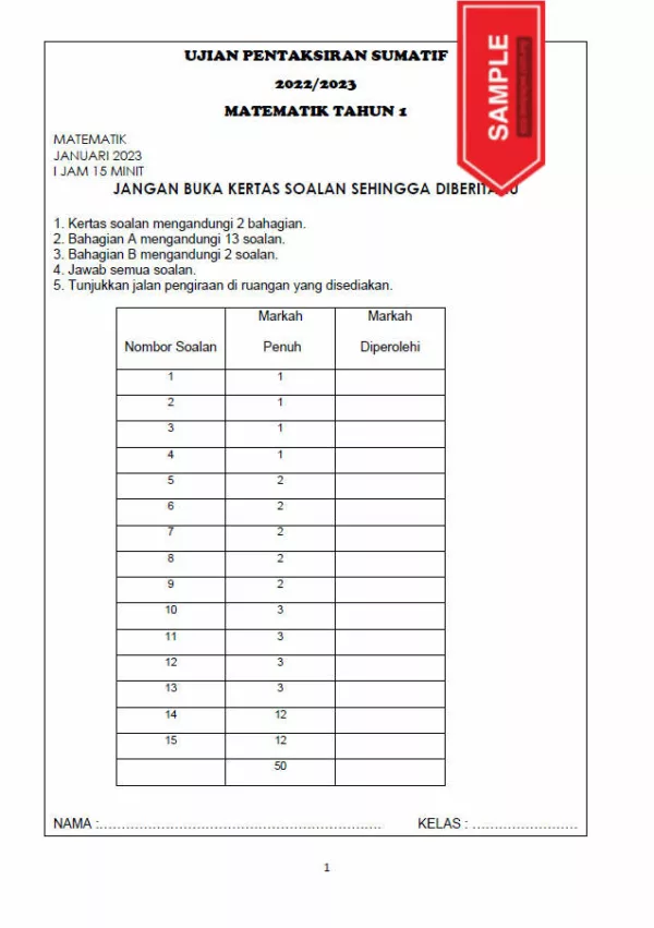 Soalan Ujian Sumatif Matematik Tahun 1 2023 DLP