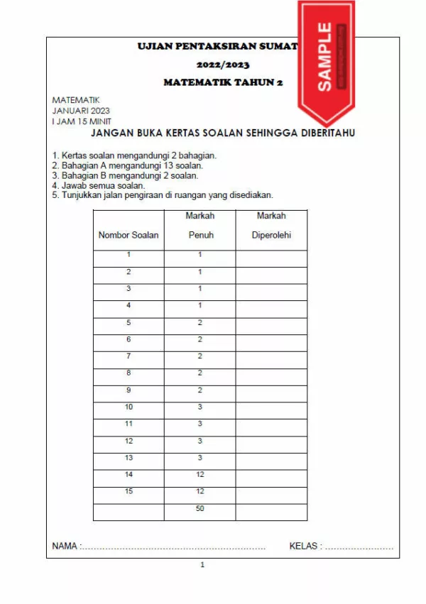 Soalan Ujian Sumatif Matematik Tahun 2 2023 DLP